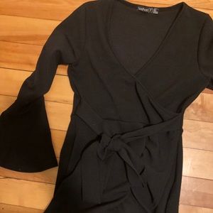BOOHOO Black Frill Tie Waist Party Dress